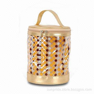 Cosmetic Columniform-shaped Bag with Transparent PVC Printing in Middle and Glazing Color